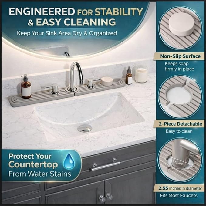 Faucet Mat for Kitchen Sink – Diatomite Stone Drip Catcher, Fast Drying & Water Absorbing Splash Guard, Countertop Protector Behind Faucet, Non-Slip Sink Tray, Light Grey 23.6" x 3.9"