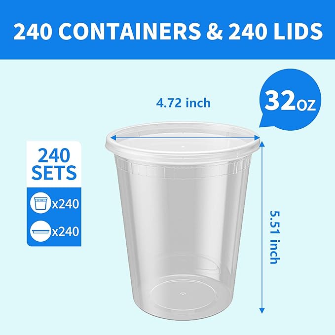 240 Sets 32oz Deli Food Storage Containers, Plastic Takeout Deli Cups for Meal Prep Leftover, Reusable Round Soup Containers with Lids, BPA Free, Stackable, Leakproof, Microwave and Freezer Safe