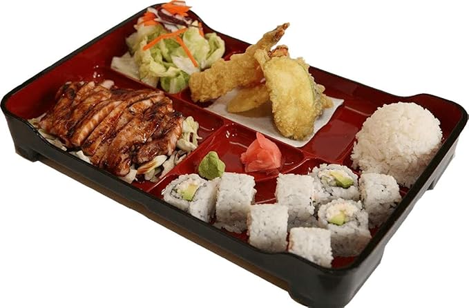 JapanBargain Traditional Japanese Bento Box 6-Compartment Lacquered Lunch Plate, Plastic Obento Tray for Restaurant or Home Use, 14"x9.25", Red and Black, Made in Japan