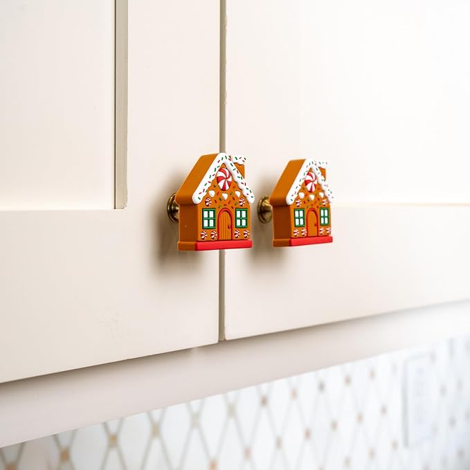 Knobēz: Decorative Knob Covers - Gingerbread House - 12pk - Stretch Over Hardware Decorations, Holiday-Winter-Christmas, Kitchen-Bathroom-Dresser-Home