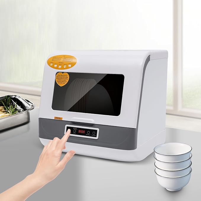 1200W Portable Dishwasher Countertop with 75°C Hot Drying - 3 Wash Programs 360° Streak-Free Cleaning for 6 Place Settings, Compact Mini for Apartments, RVs, Dorms (White, 110V)