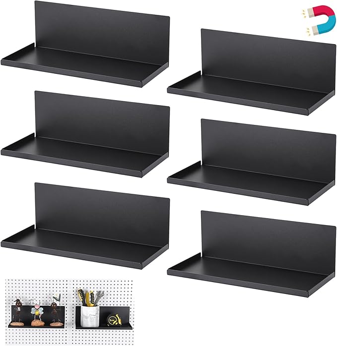 Kokone 6 Pack Magnetic Pegboard Shelves with Lip Around The Edge, 10x4.3 Inch Metal Peg Board Shelves Accessories for Storing or Displaying, Wall Pegboard Steel Tray for Garage Workshop Craft Room