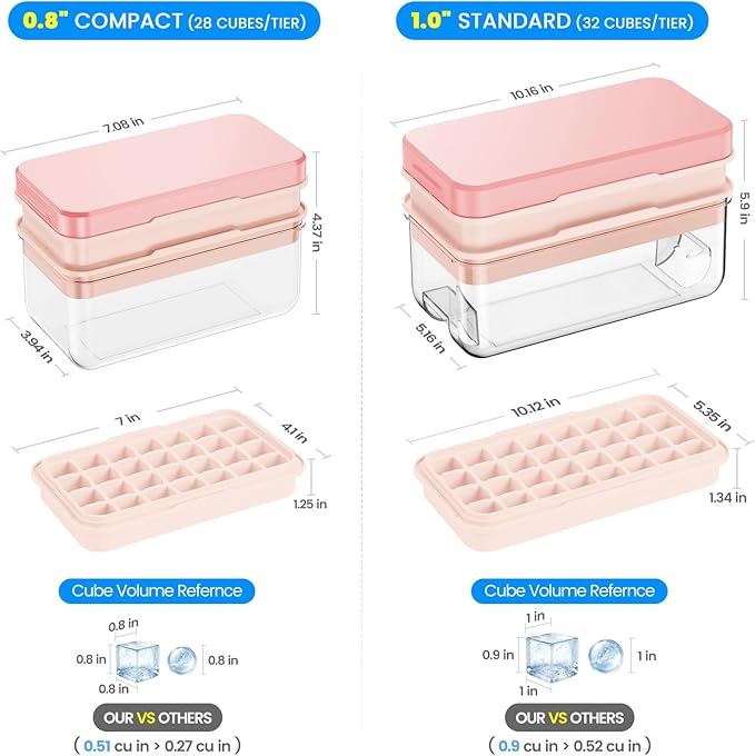PHINOX Ice Cube Tray with Lid and Bin, Ice Trays for Freezer, Flexible Ice Cube Trays, Making 56 pcs Ice Cubes, Chilling Cocktail, Whiskey, Coffee, with 2 trays, Ice Container, Scoop&Cover, BPA Free