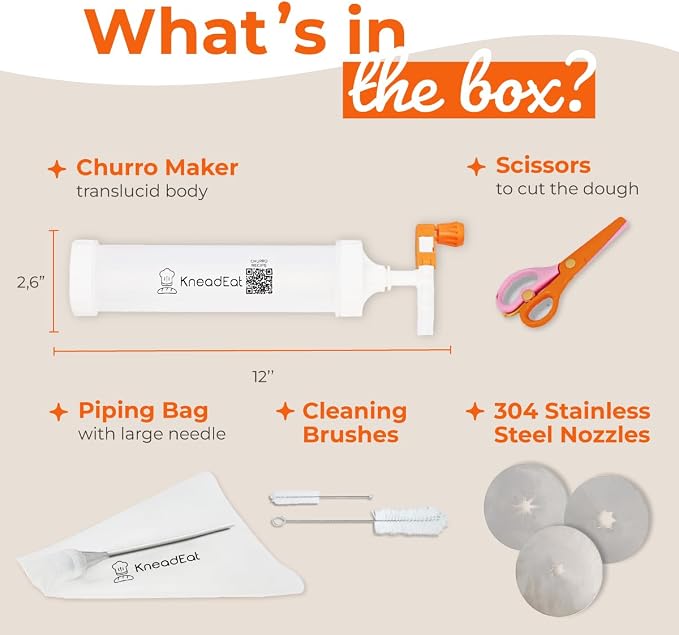 KneadEat Churro Maker - Churreera Kit With Booster-Powered Handle - Piping Bag with Filler Needle And QR Recipe For Filled Churros At Home And Baking Projects With Kids - 3-nozzles