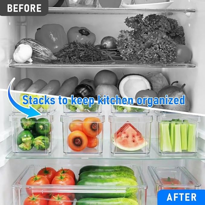 10 Pack Fridge Organizers and Storage, Clear Plastic Storage Bins with Lids , Stackable Food Containers with Drain Boards, Produce Saver for Vegetables, Fruits, Meat, Kitchen Organization and Storage