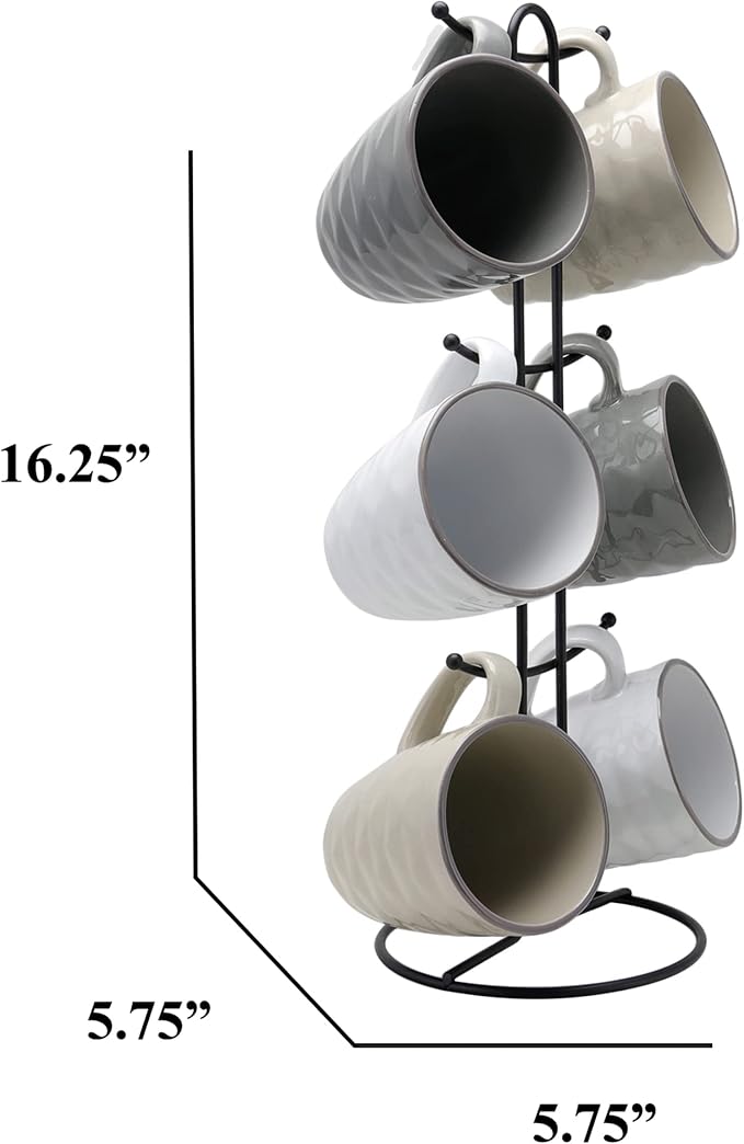 Elama Tahitian Waves 6 Piece 12 oz Mug Set in Assorted Tones with Complimentary Stand