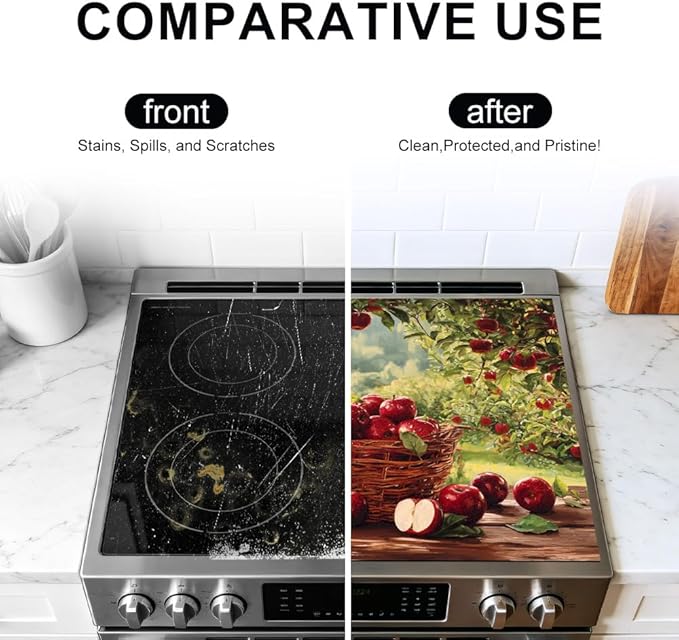 Stove Top Cover for Electric Stove 28.35 x 20.47 Inch Non Slip Stove Mat Apple Orchard Basket Glass Cooktop Protector Kitchen Counter Mat