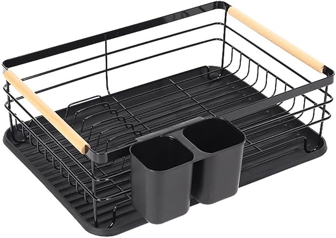 BESPORTBLE Kitchen Plate Rack Dish Drying Rack Over Sink Black Iron Dish Drainer with Cutlery Holder Compact Storage for Home Kitchen Countertop