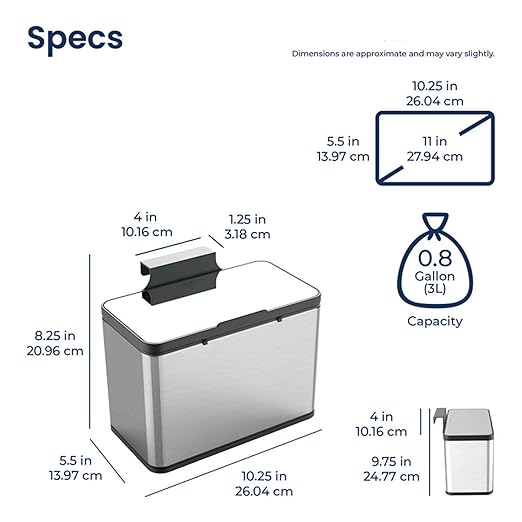 Wall Mounted Hanging Kitchen Trash Can Stainless Steel Bin 3L 0.8 Gallon Slim Cabinet Door Over Counter Lid Manual Open Small Bathroom RV Dorm Office Removable Liner Ring Bag Storage Hook