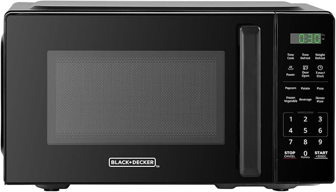BLACK+DECKER EM7P01P7 Countertop Microwave Oven 0.7 Cu Ft, 700W with 6 One-Touch Presets, Express Cooking, 10 Power Levels, Child Safety Lock, Easy Clean Interior, Black