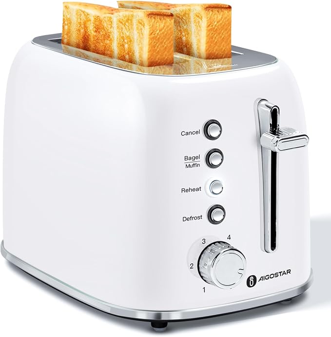 Aigostar Retro 2 Slice Toaster, Stainless Steel, White | Extra Wide Slots, Bagel Function, Cancel & Defrost, 6 Shade Settings, Removable Crumb Tray