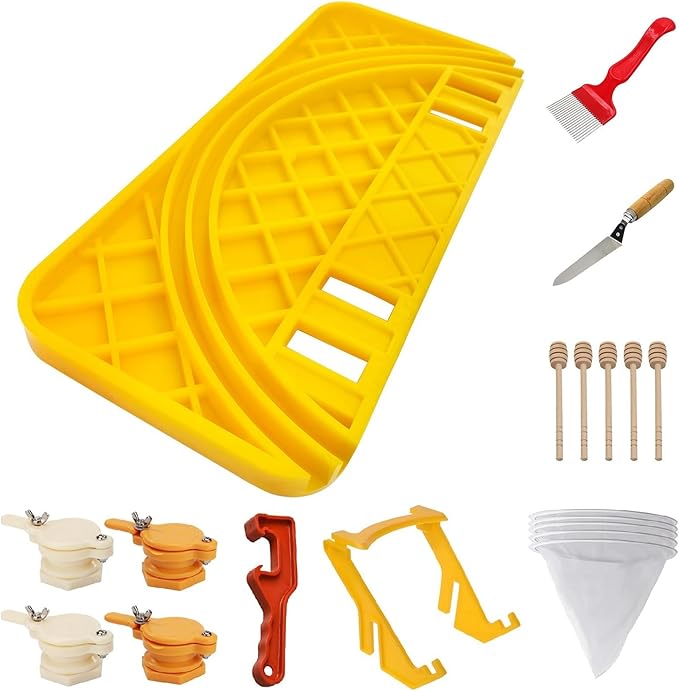 Honey Bucket Honey Extraction Tool Set,8 Tools and A Total of 19 Items，5 Gallon Honey Uncapping Tank Holder，Honey Bucket Frame Holder，Uncapping Fork Knife, Honey Gate, Honey Filter Bag