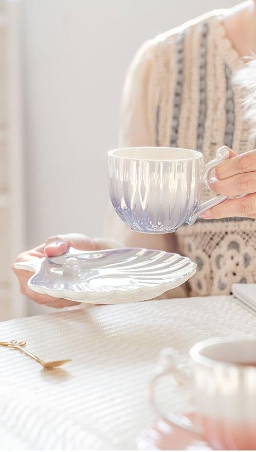 Pearl floral Ceramic Coffee Mug with Coaster Set for Tea Latte Milk Cute Cup with Saucer for Home Office Women Gift 6.5 oz (petal blue, 240 ml)