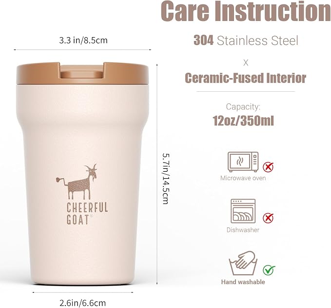 CHEERFUL GOAT Ceramic Lined Coffee Mug – Stainless Steel Travel insulated Tumbler with Ceramic Liner, with lid 12oz Leak Proof Cup for Hot and Cold Water Coffee at Home, Office, or In the Car (Coffee)