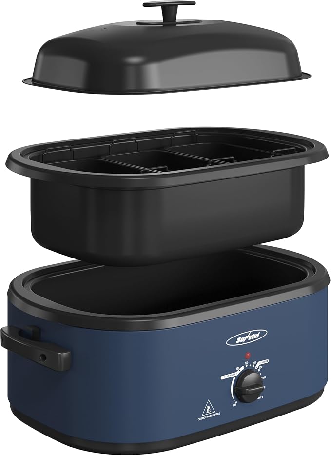 Sunvivi 20QT Roaster Oven, Electric Roaster with 3 Compartments, Turkey Roaster Oven with Self-Basting Lid, Removable Pan & Rack, Defrost & Warm Function, Fit Turkey Up to 24LB, Stainless Steel, Blue