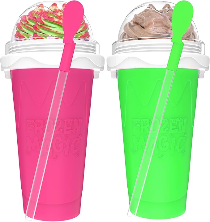 2PCS Slushie Maker Cup, Quick Frozen Magic Cups for Homemade Milk Shake Ice Cream Maker, Double Layer Squeeze Slushy Maker Cup, Birthday Gifts for Mother Father,Kids,Friends,Family (Pink+Green, 350ML)