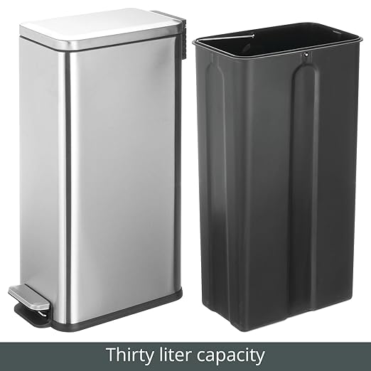 mDesign Slim Metal Rectangle 7.9 Gallon Trash Can with Step Pedal, Easy-Close Lid, Removable Liner - Narrow Wastebasket Garbage Container Bin for Bathroom, Bedroom, Kitchen, Office - Brushed Chrome