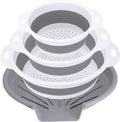 Collapsible Colander Set with Oversized Draining Tray | 3-Pack Foldable Kitchen Strainers + Base | Space Saving for Pasta, Veggies, Fruit & Rice | 5 Colors (Gray-White)
