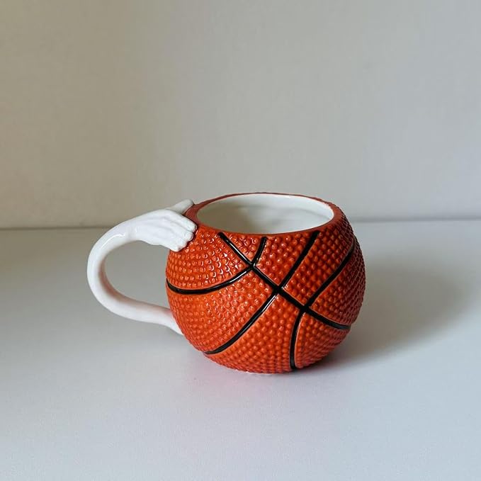 Ceramic Large Coffee Mug and Saucer set, 3D Handmade and Hand-painted Basketball and Basketball Net Design Tea Mug, 300ml(10oz)