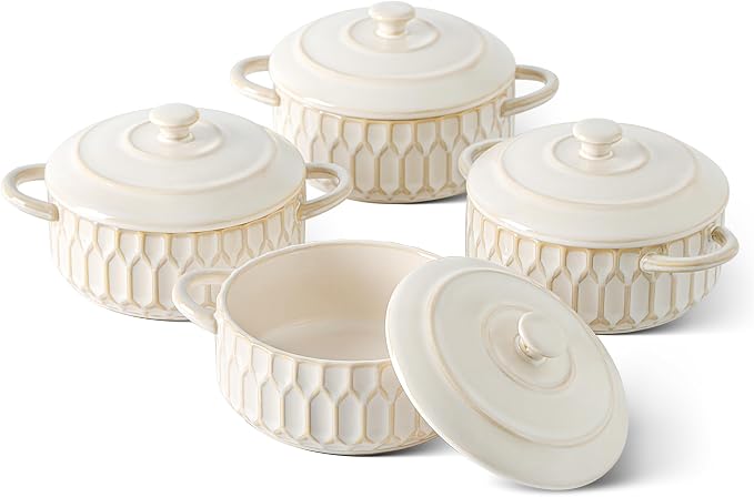 Mini Cocotte Set of 4, 14 oz Ceramic Mini Cocotte with Lids, Small Ceramic Casserole Dishes for Oven, Individual Baking Dish for Mini Sourdough, Soup, Soufflé & Pot Pie, Oven Safe