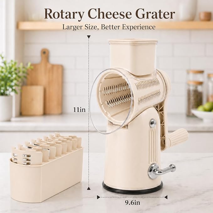 5 in 1 Rotary Cheese Grater with Hand Crank, 5 Replaceable Blades, Strong Suction Base, Multi-Functional Vegetable Slicer Shredder Chopper with Blade Storage Box for Fruit Vegetables Nuts (Beige)