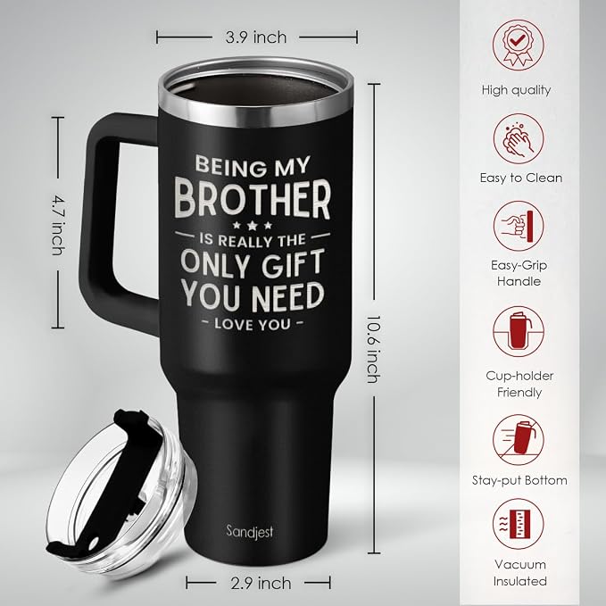 SANDJEST Brother Gift from Sister, 40oz Stainless Steel Insulated Coffee Tumbler With Lid & Straw, Travel Mug for Men, Christmas Birthday Father's Day