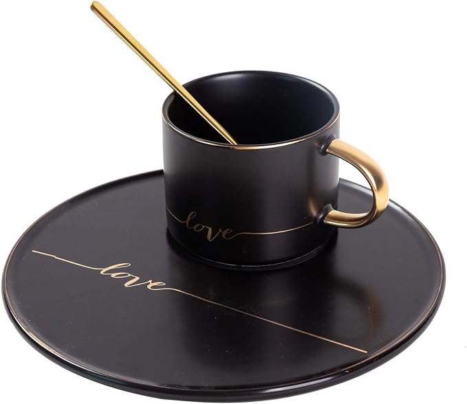 TJ Gobal Porcelain Coffee Mug, Tea Cup with Saucer and Golden Spoon with Gold Scripted Love and Trim for coffee, Hot Chocolate, Cappuccino, and Latte, 8 Oz. (Black)