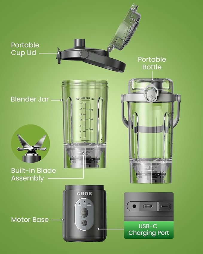GDOR Portable Blender Cordless, Personal Mini Blender for Shakes and Smoothies, USB-C Rechargeable, with 3 Programs, Ice Crush, Blend and Smoothie, 2x23oz Removable Cups, BPA-Free