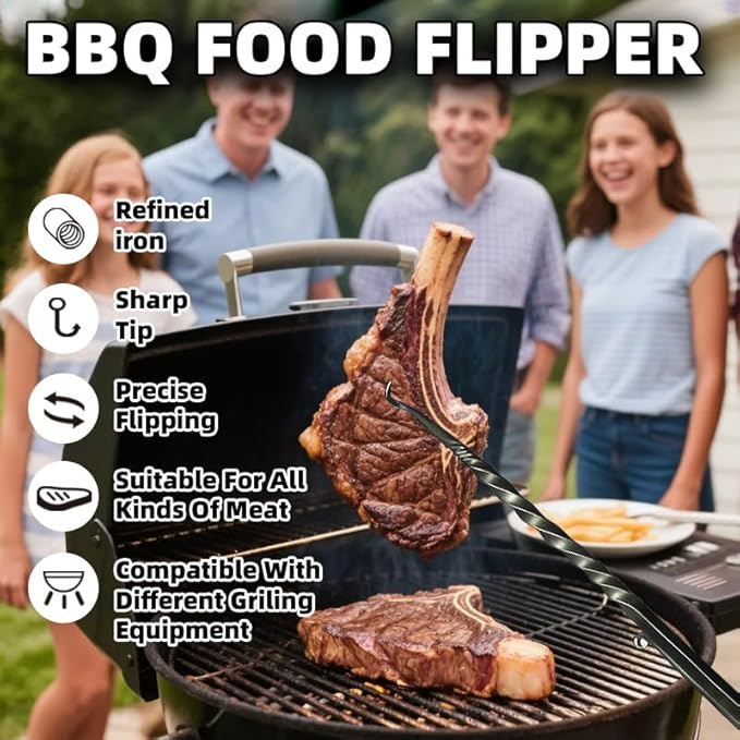 Meat Hook Flipper, Steak Flipper Hook, Pig Tail Meat Flippers, BBQ Food Flippers, Steak Turner Hook, Meat Turner Hooks,Turning Vegetables and Meats BBQ Grill (Right Hand B Iron)
