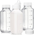 CUCUMI Glass Juice Bottles with Lids, 3 Pack Clear Glass Water Bottles with 1 Pour Spouts, 16 Oz Reusable Milk Jug with Airtight Caps and Scale for Juicing Containers