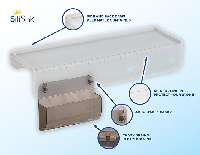 SiliProducts SiliSink Silicone Edge Guard for Kitchen Sink - Fits 3.75” - 4” Wide - The Original Silicone Sink Edge Protector with Sponge Caddy - Splash Guard, 14” Frosted Matte