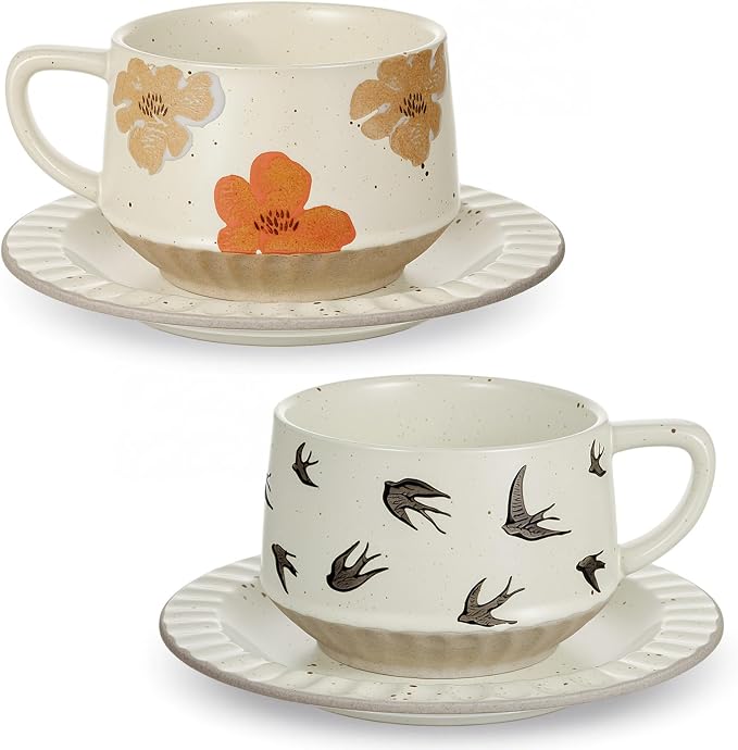 LemonRoad Vintage Tea Cup and Saucer Set of 2, 10oz Porcelain Coffee Mugs with Saucer for Latte Mocha Cappuccino Ceramic Teacups for Housewarming Wedding Gifts Kitchen Table Decor