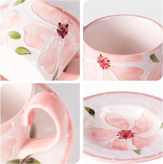 KAMMAK Tea Cups and Saucers Set of 2, Porcelain Coffee Cups, 8.5-Ounce Stackable Espresso Mugs, Ceramic Demitasse for Coffee, Latte, Americano, GX20