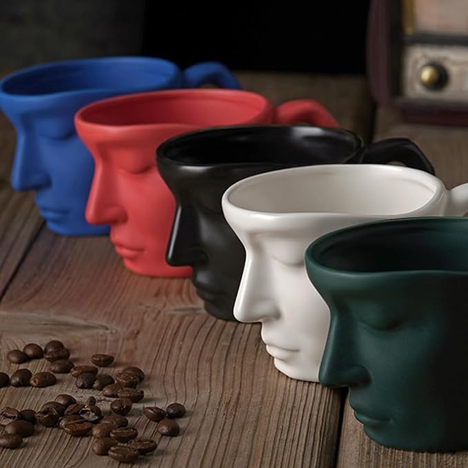 Human Face Ceramic Coffee Mug, 8.8oz/260ml Kissing Coffee Cup with Saucer Coffee Spoon, Tea Cup Milk Latte Espresso Cappuccino Juice Beverage Iced Tea Water Cups Drinkware (Black)