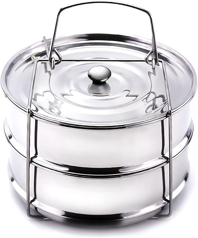 Stackable Steamer Insert Pans- Instant Pot Accessories 6 Qt-2 Silicone handle & Interchangeable Lids–Pressure Cooker Accessories- Pot in Pot for Baking,Lasagna,food steamer,Reheat Multiple Dishes