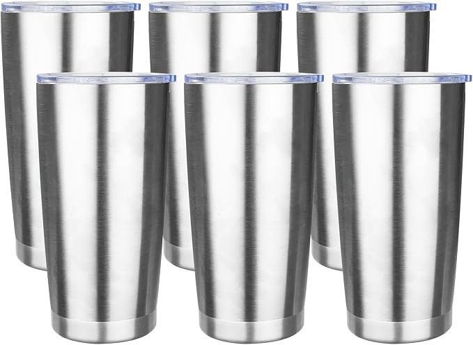 20oz Tumbler with Lid Stainless Steel Insulated Tumblers Travel Coffee Tumbler Bulk Double Wall Vacuum Insulated Water Cup Gifts for Christmas Women Men Her Him Home Office(Silver, 6pack)