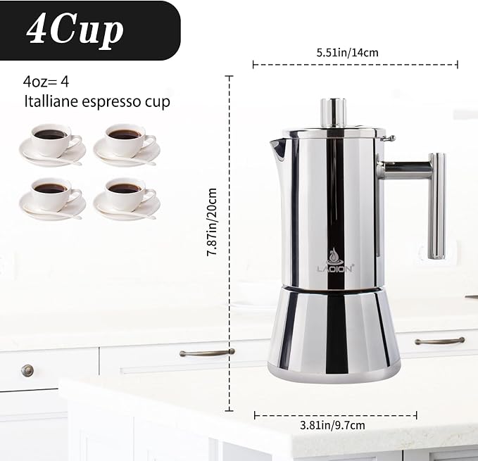 LAOION Stovetop Espresso Maker, 4Cup 6.8 oz Moka Pot, Stainless Steel Cuban and Italian Coffee Maker for Cafetera Cubana, Greca De Cafe Induction Stovetop Compatible, Coffee Gift for Home Travel