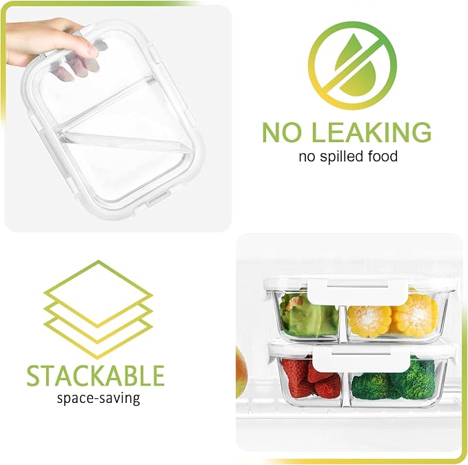 [5-Pack,36 Oz]Glass Meal Prep Containers 2 Compartments Portion Control with Upgraded Snap Locking Lids Glass Food Storage Containers, Microwave, Oven, Freezer and Dishwasher (4.5 Cups, White)