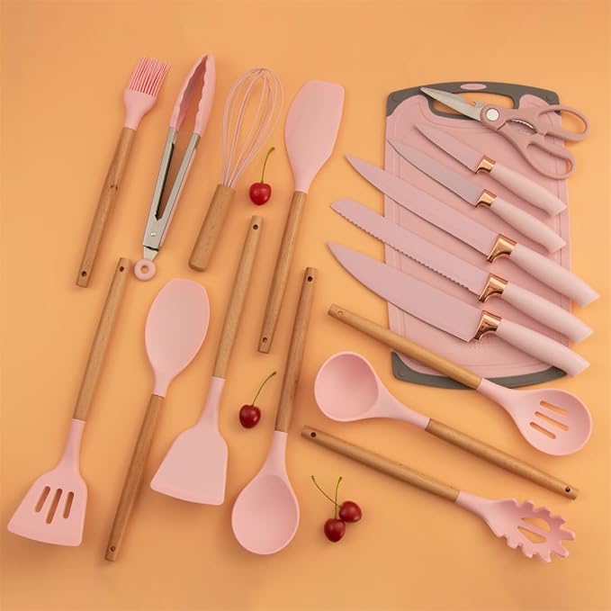 19 Pcs Kitchen Cooking Utensils and Knife Set with Block, with 11 Piece Silicone Cooking Utensils Set 5 Pcs Sharp Stainless Steel Chef Knives Scissors Whisk Tongs and Cutting Board (Cherry Pink)