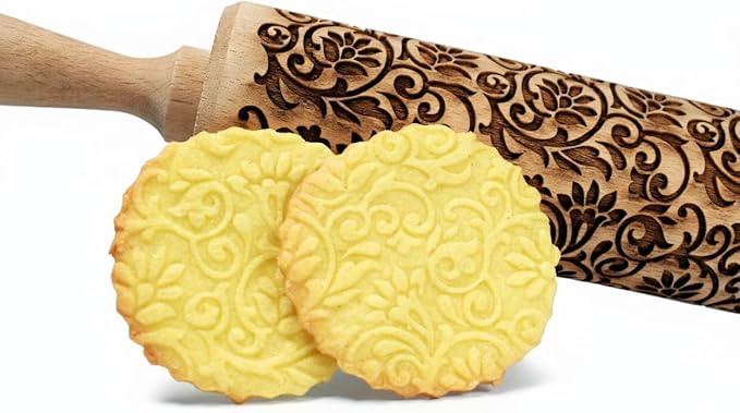 FLOWERING VINE Embossing Rolling Pin. Laser Engraved Dough Roller with Climbing Flowers Pattern for Embossed Cookies or Pottery by Algis Crafts