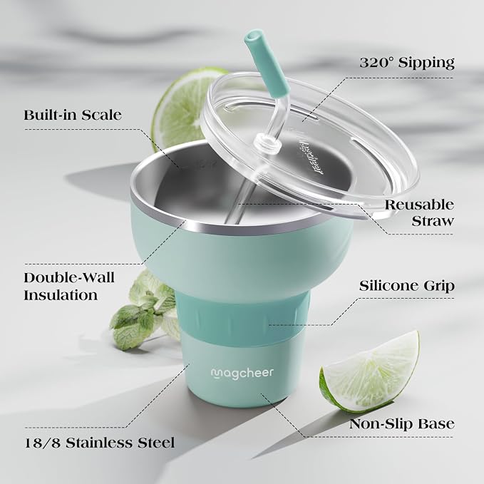 16 oz Cocktail Tumbler with Lid and Straw - Stainless Steel Insulated Margarita Tumbler - 320° Sippable Stemless Wine Cup for Party | Mintgreen