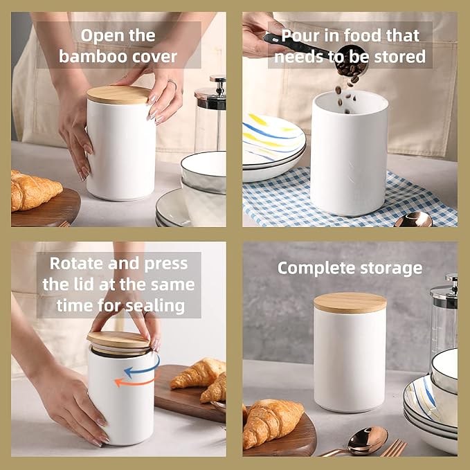 Sweejar Kitchen Canisters Ceramic Food Storage Jar Set, Stackable Containers with Airtight Seal Wooden Lid for Serving Ground Coffee, Tea, Herbs, Grains, Sugar, Salt - Set of 4 (Gray)