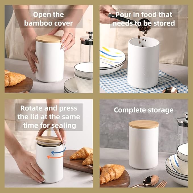 Sweejar Kitchen Canisters Ceramic Food Storage Jar Set, Stackable Containers with Airtight Seal Wooden Lid for Serving Ground Coffee, Tea, Herbs, Grains, Sugar, Salt - Set of 4 (Jade)