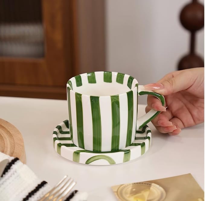 Cup and Saucer Set Hand-Painted Green Stripes, 8 Oz Ceramic Coffee Mug, Espresso Cups, Porcelain Coffee Cup for Cappuccino, Espresso, Coffee, Tea, Cafe Mocha, Latte, Set of Cup Gift for Coffee Lover