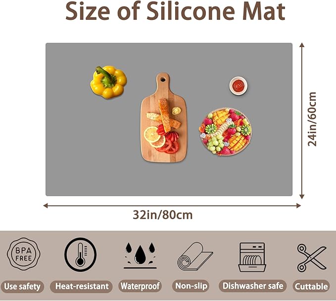 32''x24''(80cmx60cm) Silicone Mat for Kitchen Counter, Non-Slip Heat Resistant Countertop Protector, Waterproof Durable Kitchen Mat for Countertops, Islands (Dark Gray)