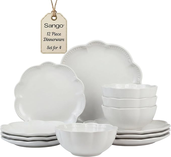 Sango Bethany 12 Pieces Scalloped White Plates & Bowls Set