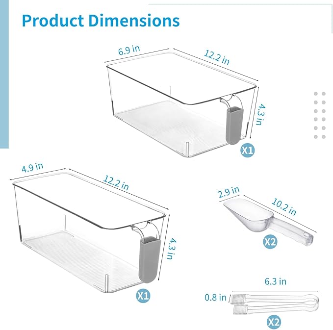 2 PCS Ice Bin with Scoop and Tong, Ice Bucket with Pull-out Handle for Freezer, 2 Sizes Clear Plastic Ice Container for DIY Drink Summer Party, 12.2 x 6.9 x 4.3 in, 12.2 x 4.9 x 4.3 in, Gray Handle