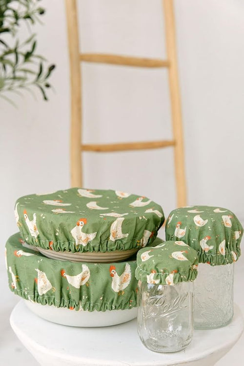 (4-Pack) Sourdough Reuseable Jar & Bowl Covers | Cute Baking Gift | 100% Cotton | Washable | Bread Proofing | Kitchen Food Storage Gifting | Starter Cover Lid Kit (Chickens)