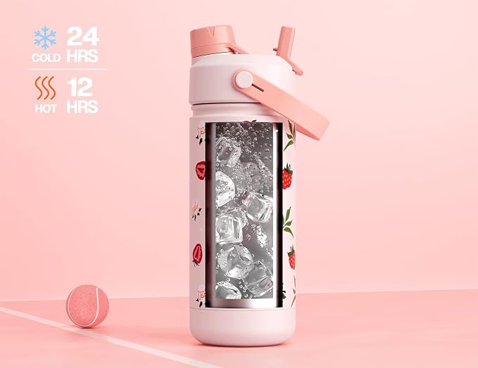 18 oz Kids Water Bottle: Leakproof, 2-in-1 Straw Spout Lid, BPA-Free, Easy Carry, Keep Cold 24H, Insulated Stainless Steel Cup for Backpack, Sports, Camping, Trip, Gift, Home (Sun-Kissed Strawberry)