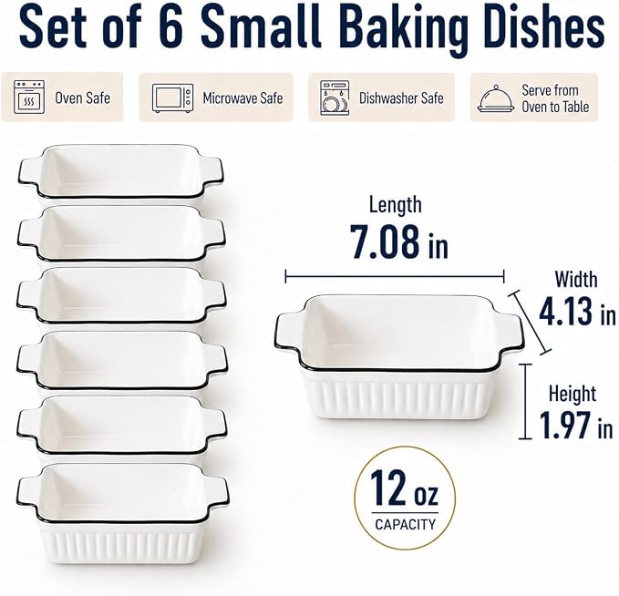 6 Pcs Ceramic Baking Dish, 12 Oz Small Casserole Dish with Handle, Porcelain Bakeware Sets, 5 inch Rectangular Lasagna Pans, Baking Serving Dishes for Casserole, Cakes, Dishwasher Oven Safe